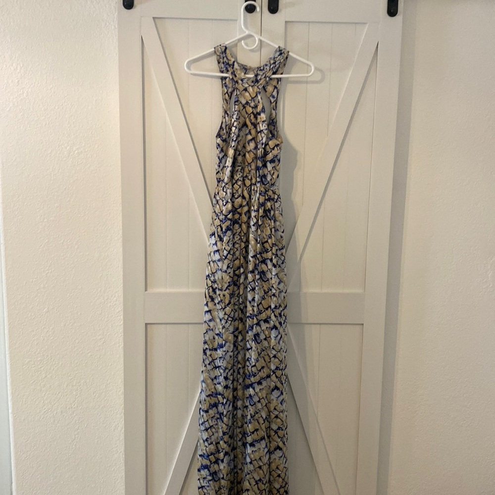 Floor length silk dress with fun back detail